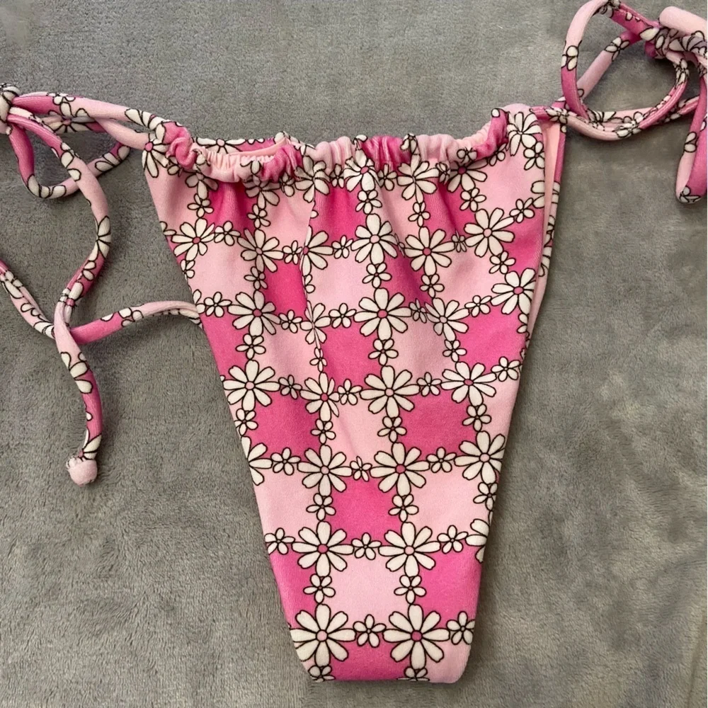 New! Frankie’s bikinis Tia Terry String Bikini Bottom Pink Daisy 24415